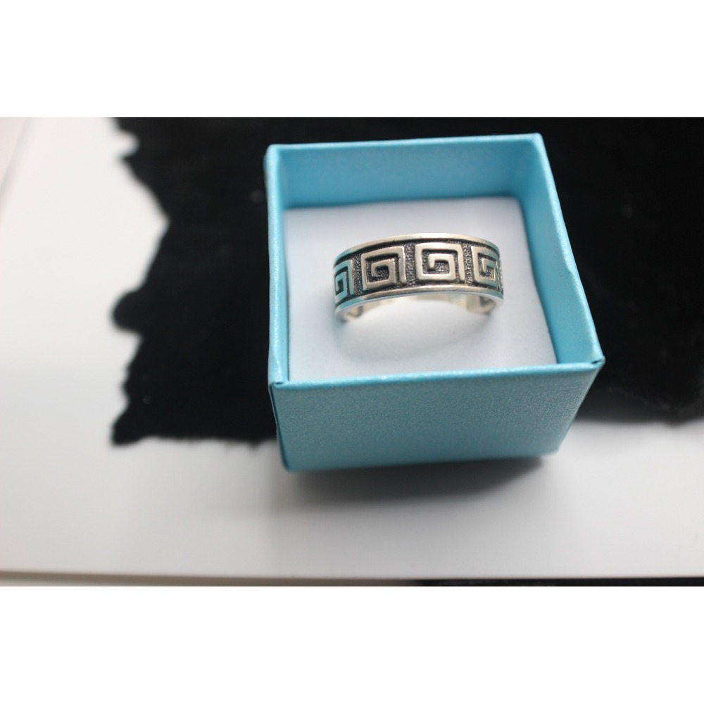 Sterling Silver 925 Greek Key Meander Band Ring Oxidized Geometric Design